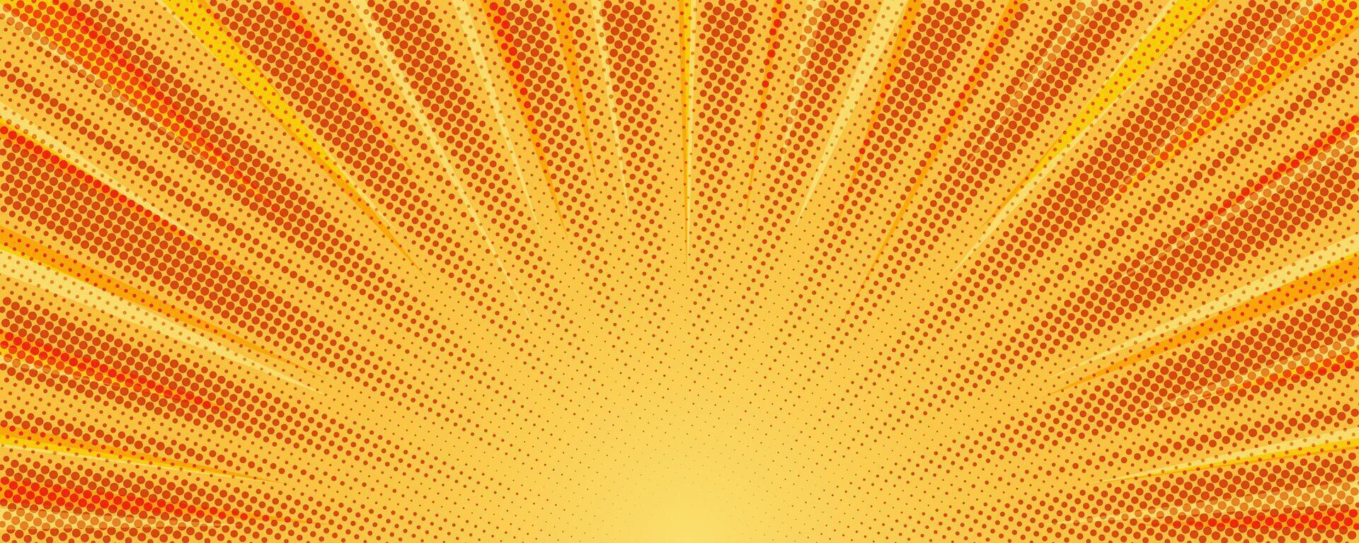 Sunburst background vector illustration. Yellow sunny rays. Retro star light with halftone. Comic abstract wallpaper.