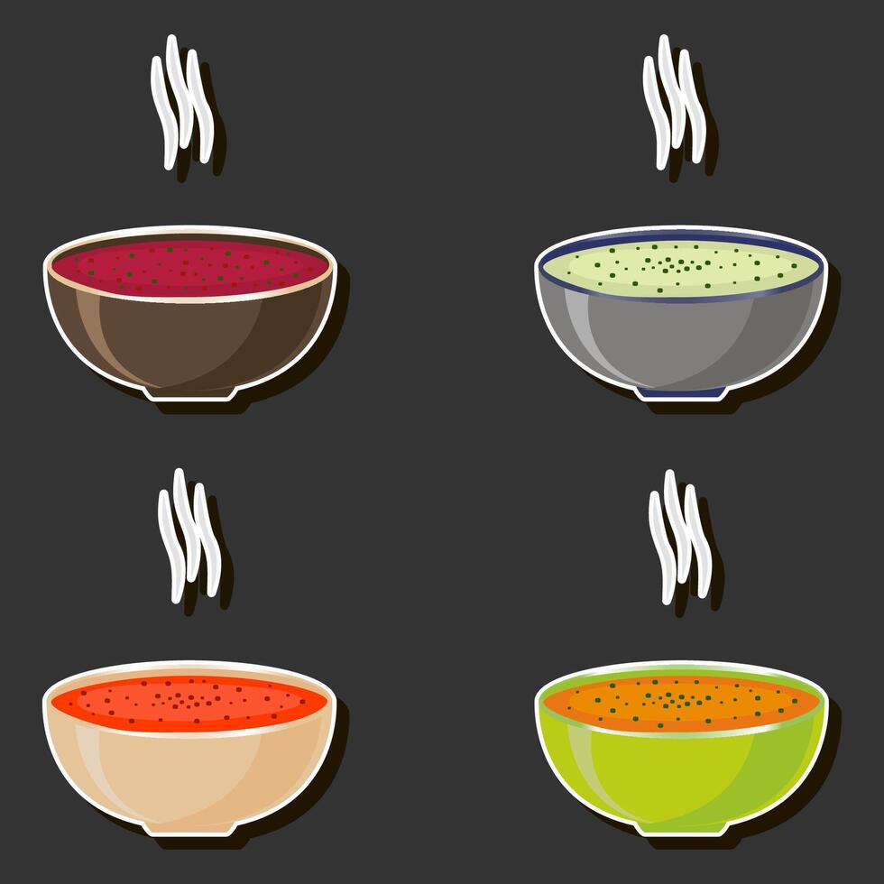 Illustration on theme big set various types beautiful tasty edible hot homemade soups vector