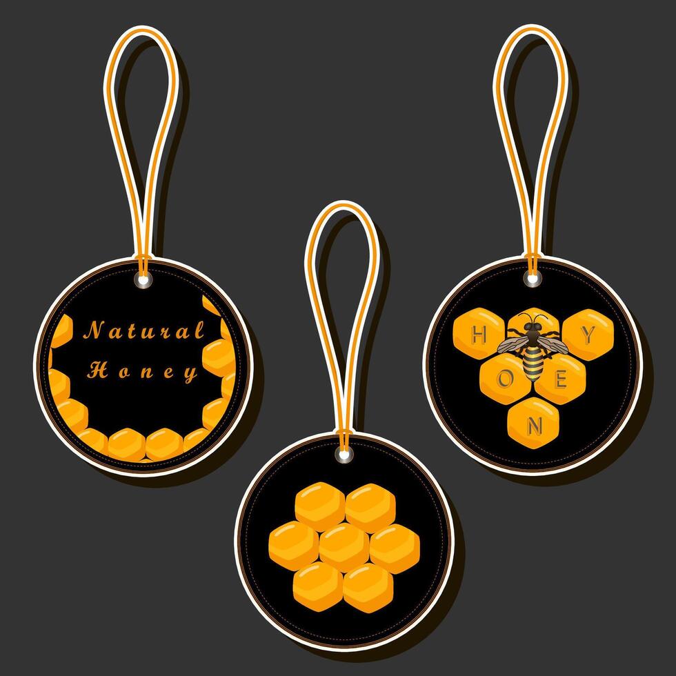 Illustration on theme for label of sugary flowing down honey in honeycomb with bee vector