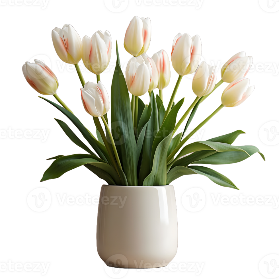 AI generated Tulip Flowers in White Pot Isolated on Transparent Background. Generative Ai png