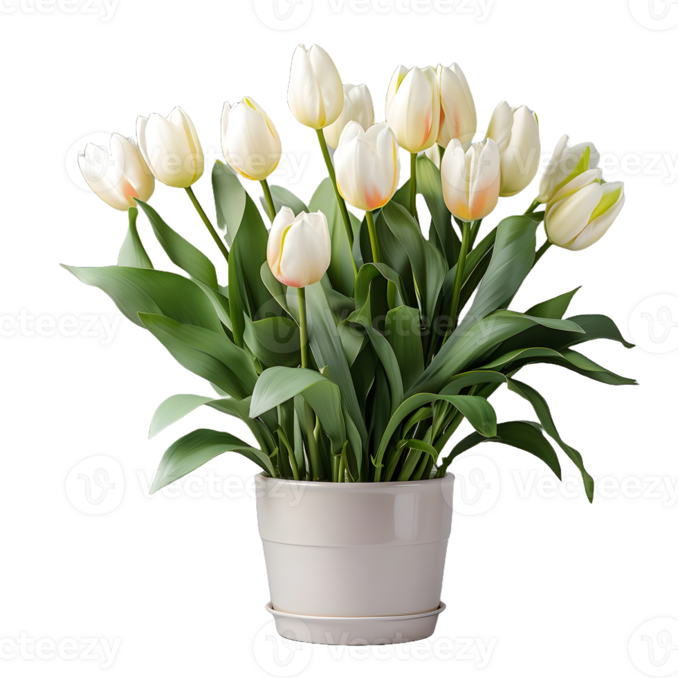 AI generated Tulip Flowers in White Pot Isolated on Transparent Background. Generative Ai png