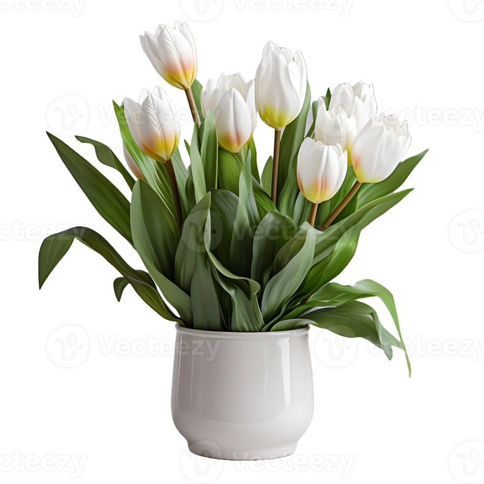 AI generated Tulip Flowers in White Pot Isolated on Transparent Background. Generative Ai png