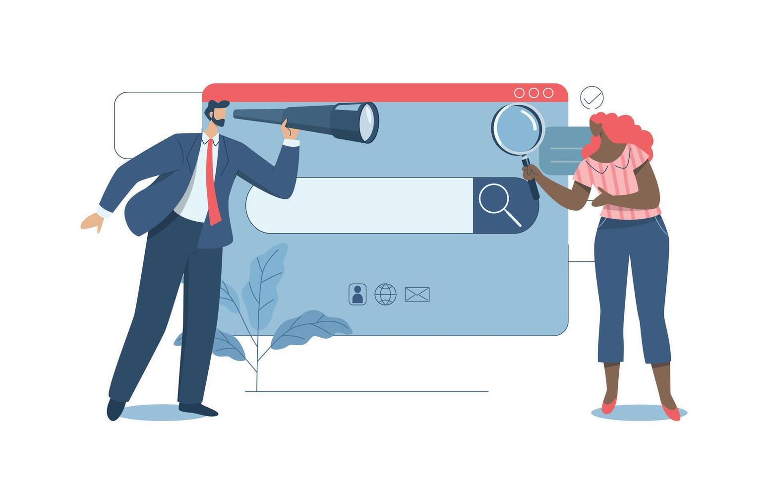 Search engine optimization, SEO. Analyze website page statistics, Internet marketing concepts,  Man with telescope and women searching online with magnifying glass in web browser bar. Vector design.