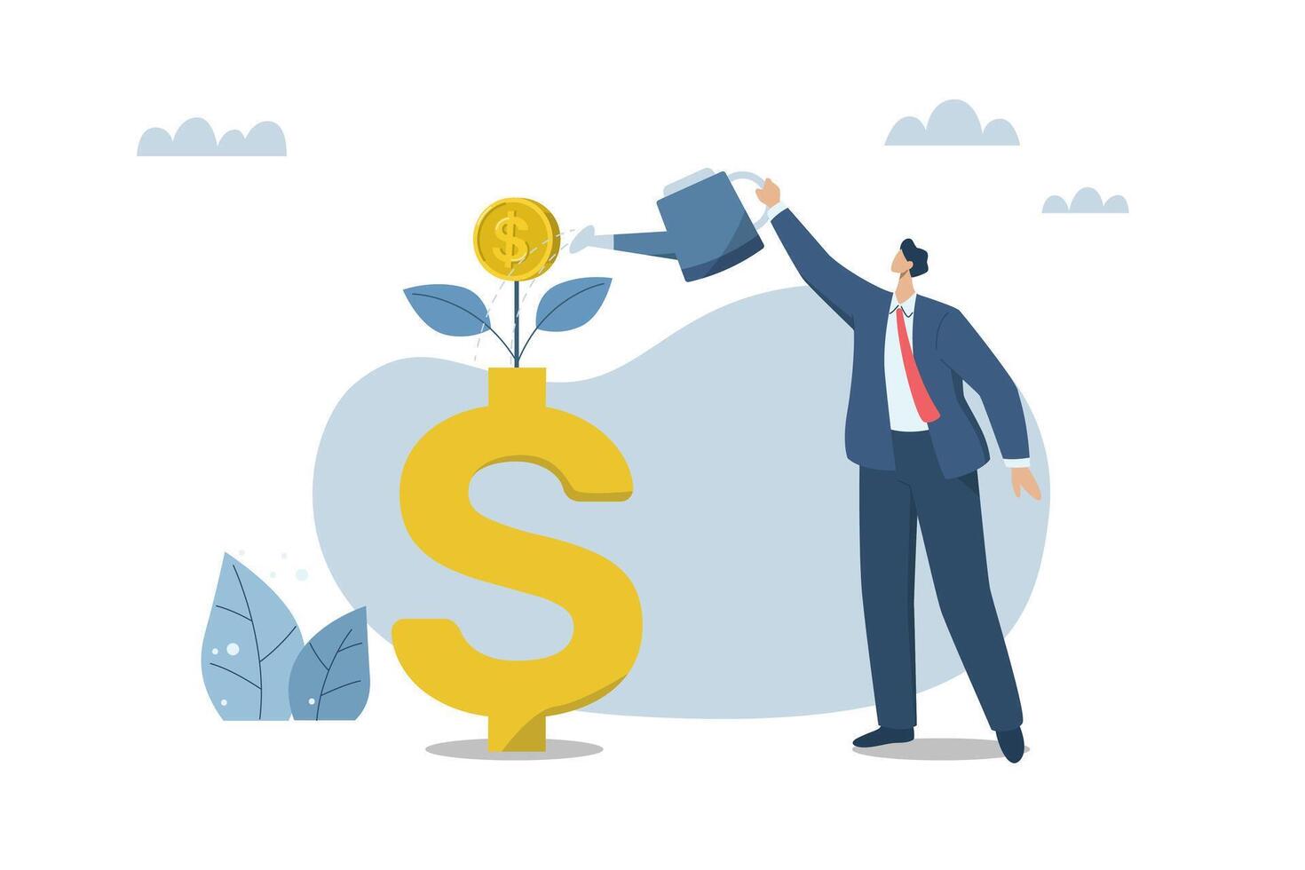 Return on investment or interest on deposit, Growth of investment profit, Personal finance management concept, Businessman is watering a growing money plant and is issuing coins. Vector design.