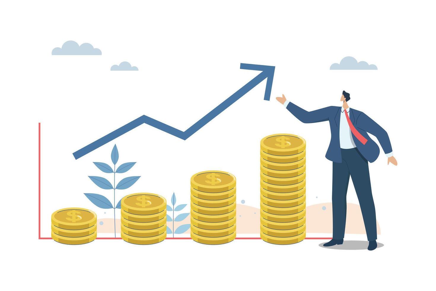 Success from investing, Growth of money or profits of business, Returns from the stock market and global investment, Financial success concept, Businessman is happy with high growth financial graph. vector