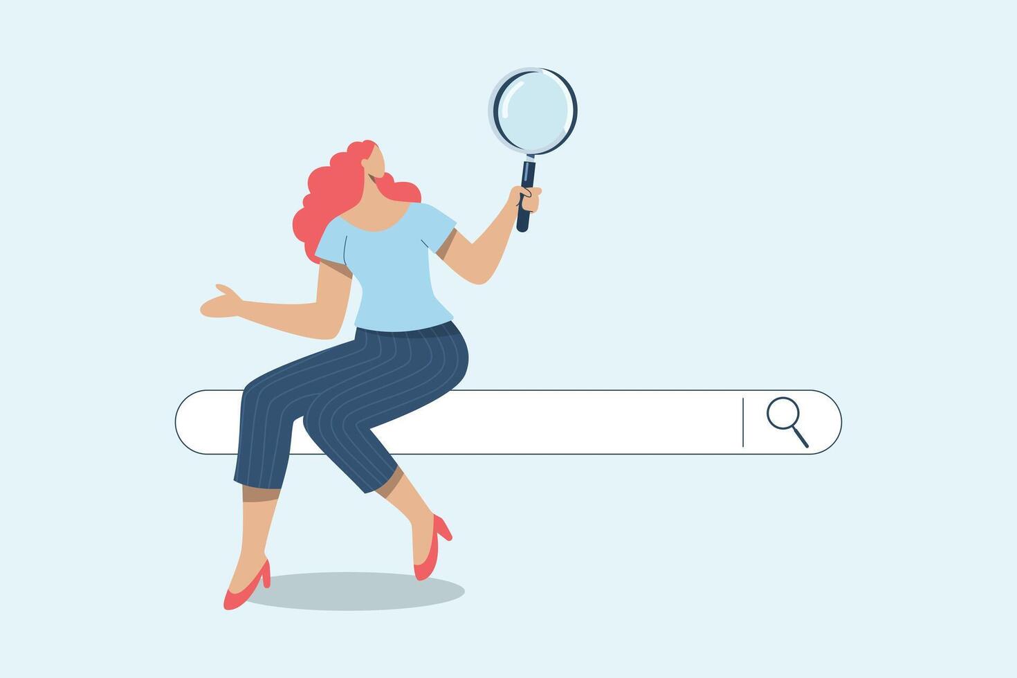 SEO. Search engine optimization, Internet marketing concepts, Analyze website page statistics, Woman with magnifying glass sitting on bar in web browser. Searching for information online. vector