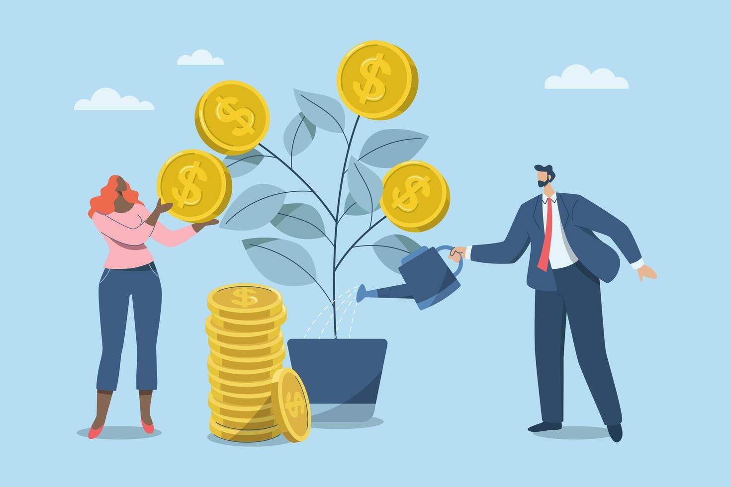 Successful investment, Growth or increased income from financial investments, Keeping money working to increase income, Business man and woman taking care of growing money plant and issuing coins. vector