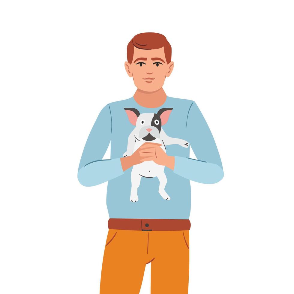 Man holding cute puppy. Happy pet owner and adorable little dog looking at each other. Person caring about companion doggy, pup, canine animal. Flat vector illustration isolated on white background