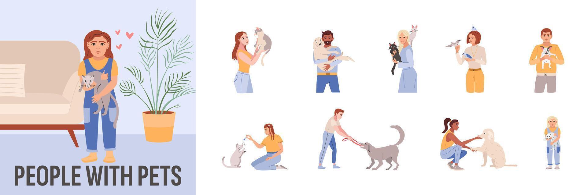 conjunto de contento mascota propietarios aislado en blanco antecedentes. colección de personas con perros, gatos y aves. hombres, mujer participación y abrazando linda Doméstico animales vector ilustración en un plano estilo