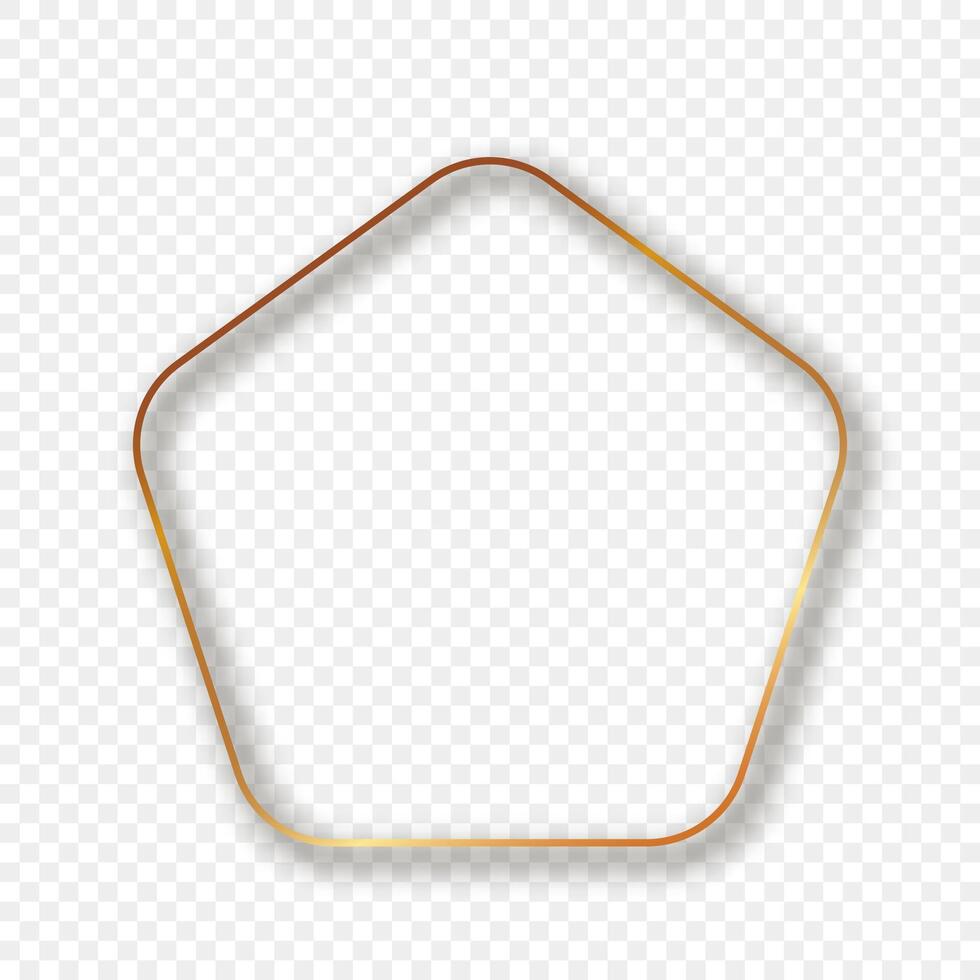 Gold glowing rounded pentagon shape frame with shadow isolated on background. Shiny frame with glowing effects. Vector illustration.