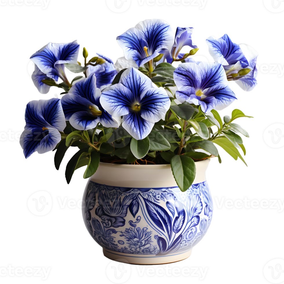 AI generated Blue Petunia Flowers in Pot Isolated on Transparent Background. Generative Ai png