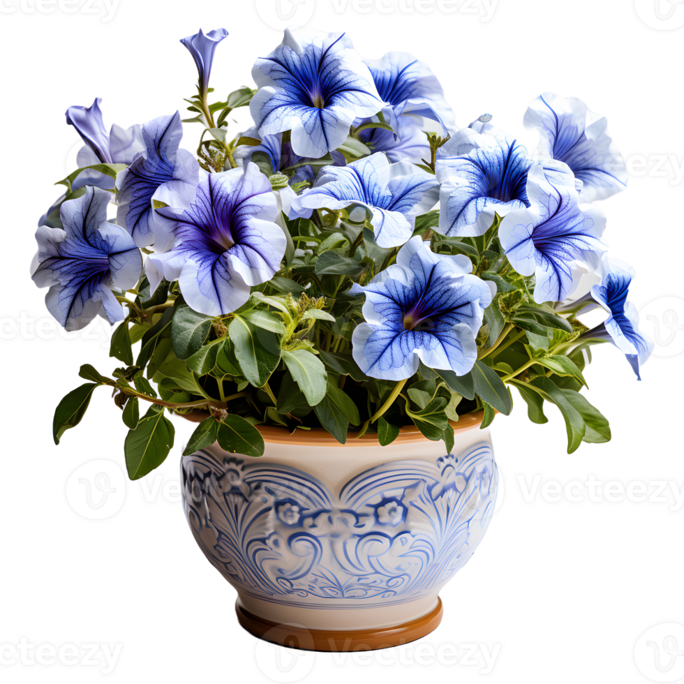 AI generated Blue Petunia Flowers in Pot Isolated on Transparent Background. Generative Ai png