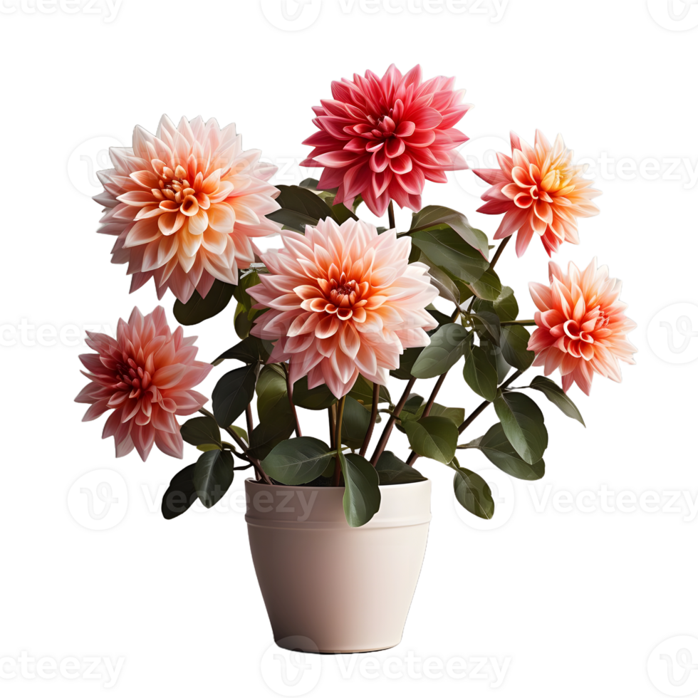 ai généré dahlia dans une pot isolé sur transparent Contexte. magnifique printemps fleurs. génératif ai png