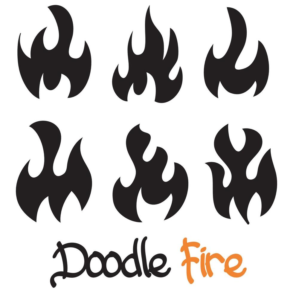 iconos de fuego dibujados a mano. conjunto de vectores de iconos de llamas de fuego. fuego de boceto de garabato dibujado a mano, dibujo en blanco y negro. símbolo de fuego simple.