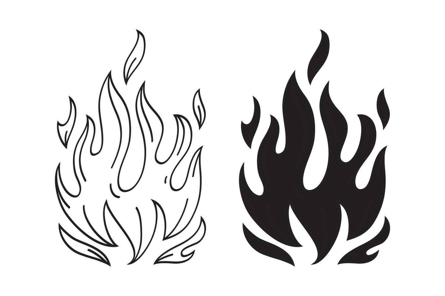 Hand drawn fire icons. Fire Flames Icons Vector Set. Hand Drawn Doodle Sketch Fire, Black and White Drawing. Simple fire symbol.