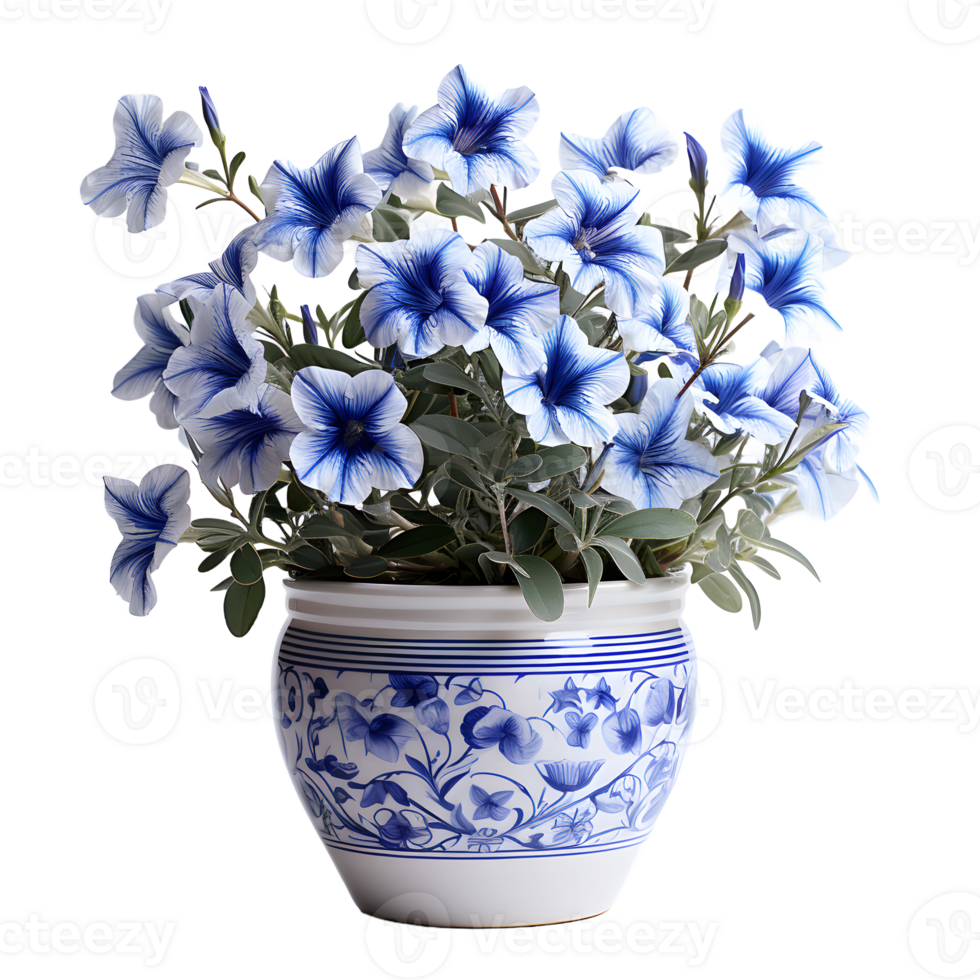 AI generated Blue Petunia Flowers in Pot Isolated on Transparent Background. Generative Ai png