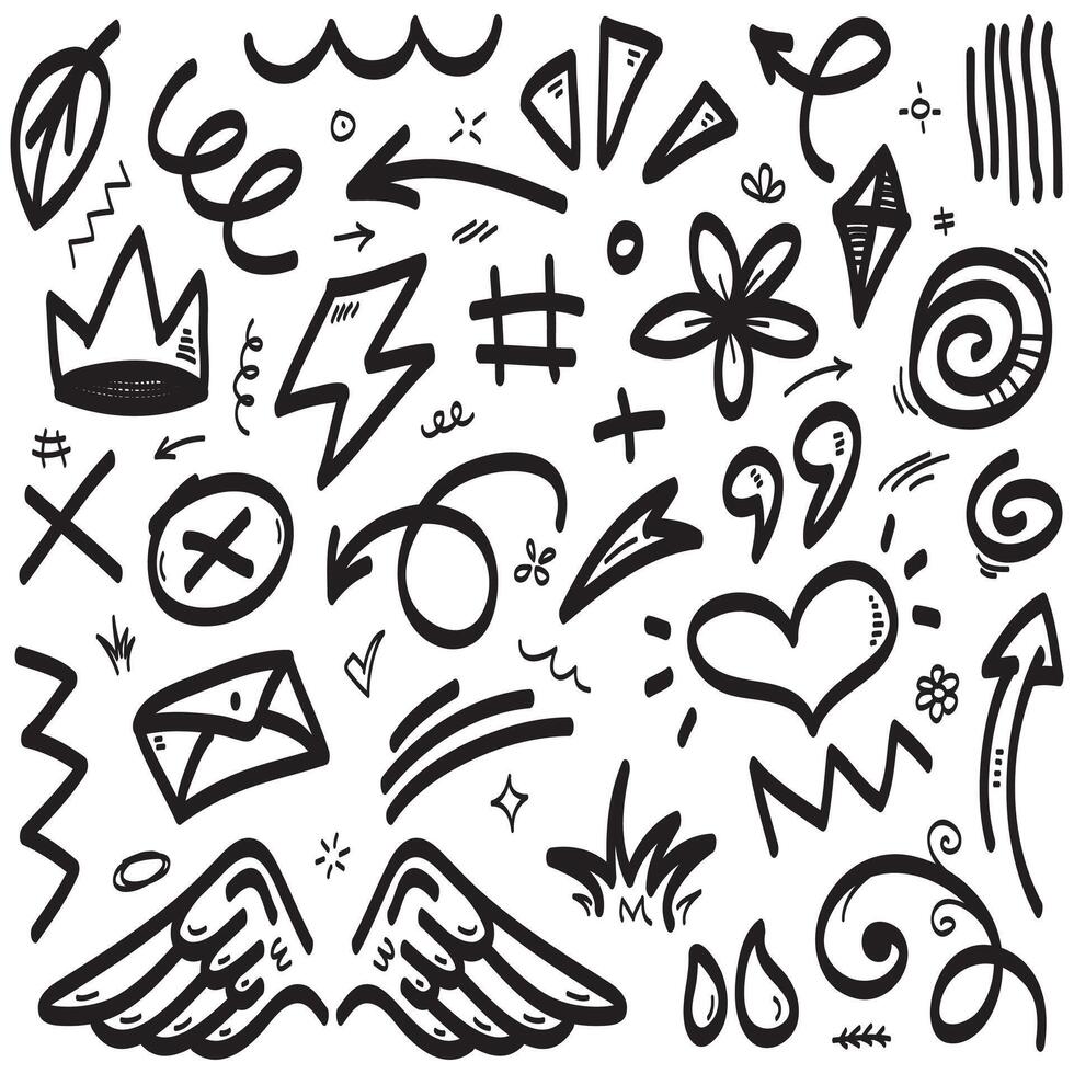 Vector set of hand-drawn cartoony expression sign doodle, curve directional arrows, emoticon effects design elements, cartoon character emotion symbols, cute decorative brush stroke lines.