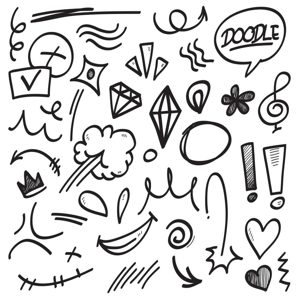 Conjunto de vectores de doodle de signo de expresión de dibujos animados dibujados a mano, flechas direccionales de curva, elementos de diseño de efectos de emoticonos, símbolos de emoción de personaje de dibujos animados, lindas líneas de trazo de pincel decorativo.