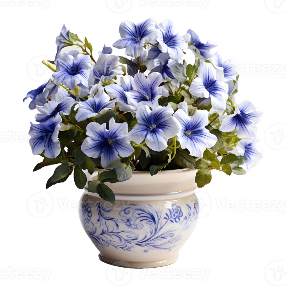AI generated Blue Petunia Flowers in Pot Isolated on Transparent Background. Generative Ai png