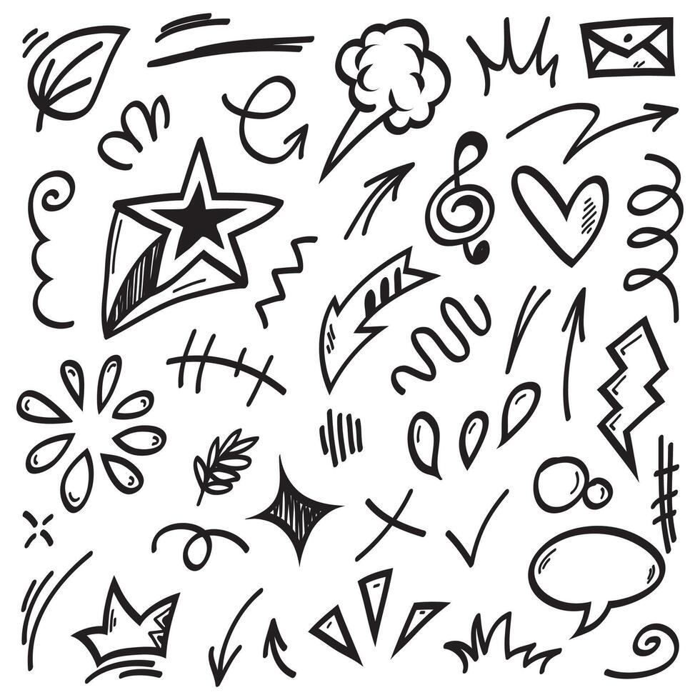 Conjunto de vectores de doodle de signo de expresión de dibujos animados dibujados a mano, flechas direccionales de curva, elementos de diseño de efectos de emoticonos, símbolos de emoción de personaje de dibujos animados, lindas líneas de trazo de pincel decorativo.