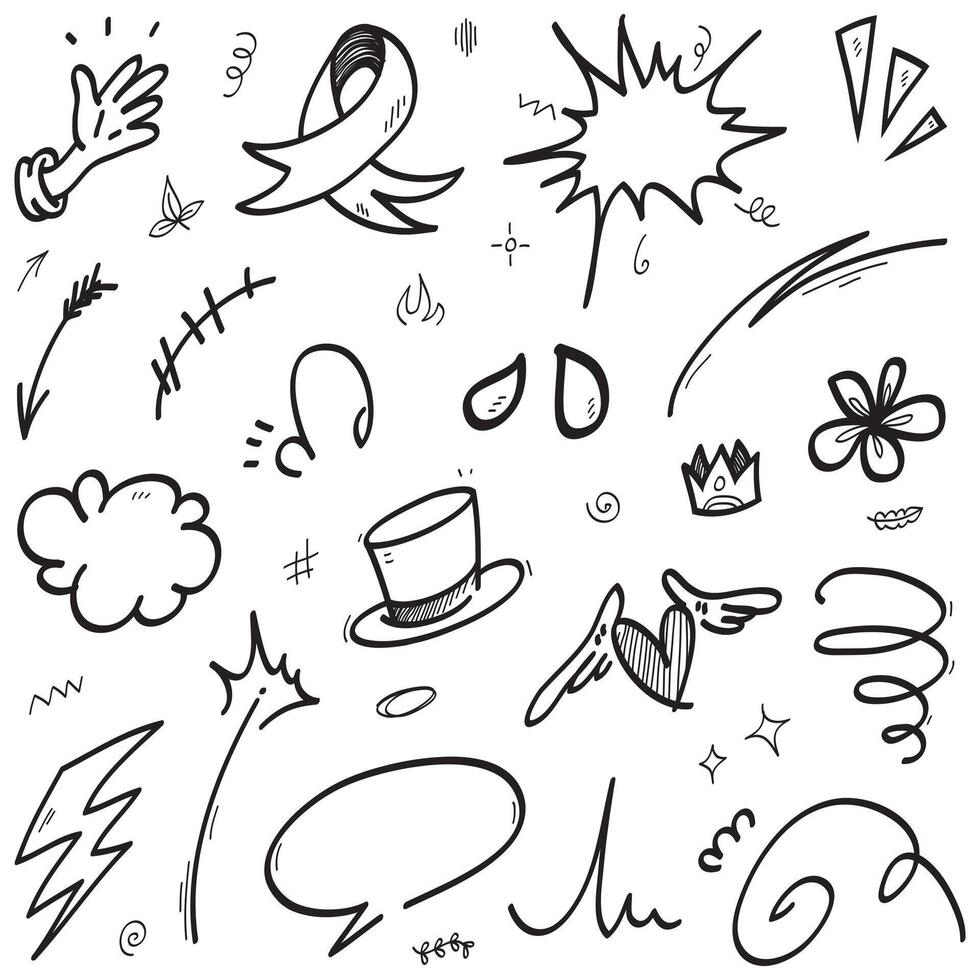 Conjunto de vectores de doodle de signo de expresión de dibujos animados dibujados a mano, flechas direccionales de curva, elementos de diseño de efectos de emoticonos, símbolos de emoción de personaje de dibujos animados, lindas líneas de trazo de pincel decorativo.