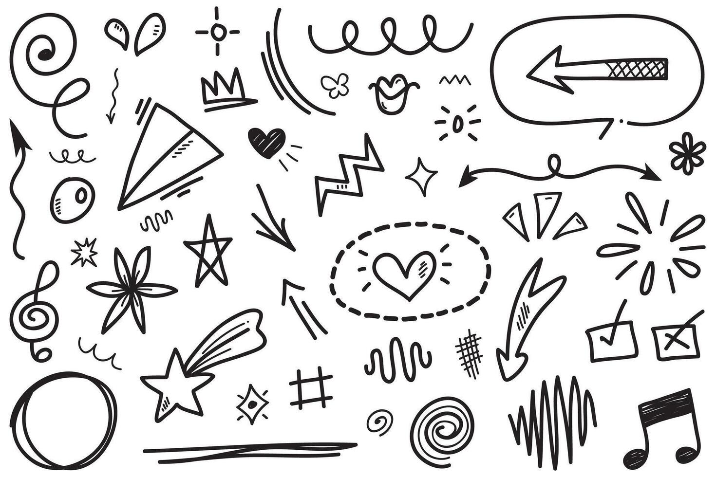 Conjunto de vectores de doodle de signo de expresión de dibujos animados dibujados a mano, flechas direccionales de curva, elementos de diseño de efectos de emoticonos, símbolos de emoción de personaje de dibujos animados, lindas líneas de trazo de pincel decorativo.