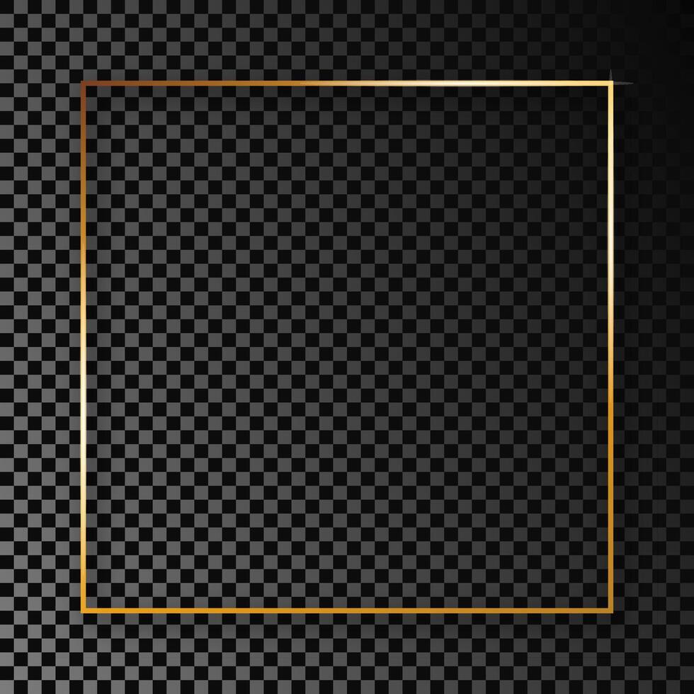 Gold glowing square frame with shadow isolated on dark background. Shiny frame with glowing effects. Vector illustration.