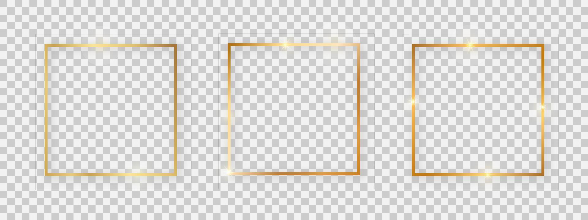 Square shiny frames with glowing effects. Set of three gold square frames with shadows on background. Vector illustration