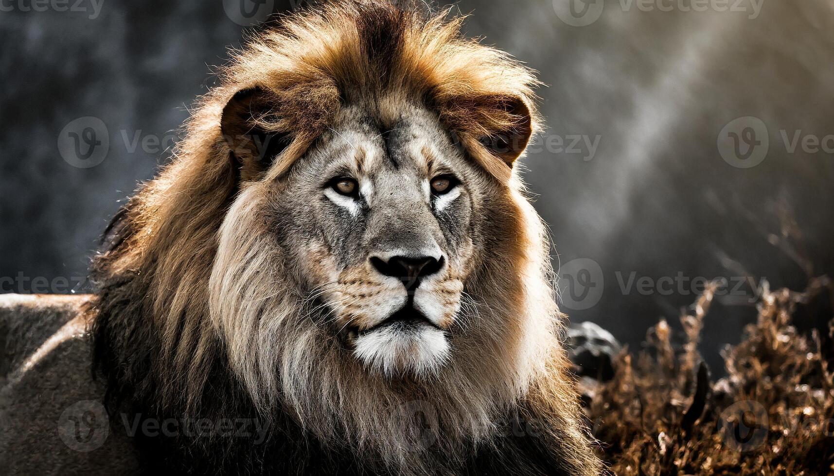 AI generated Cinematic image of a lion in a nature landscape photo