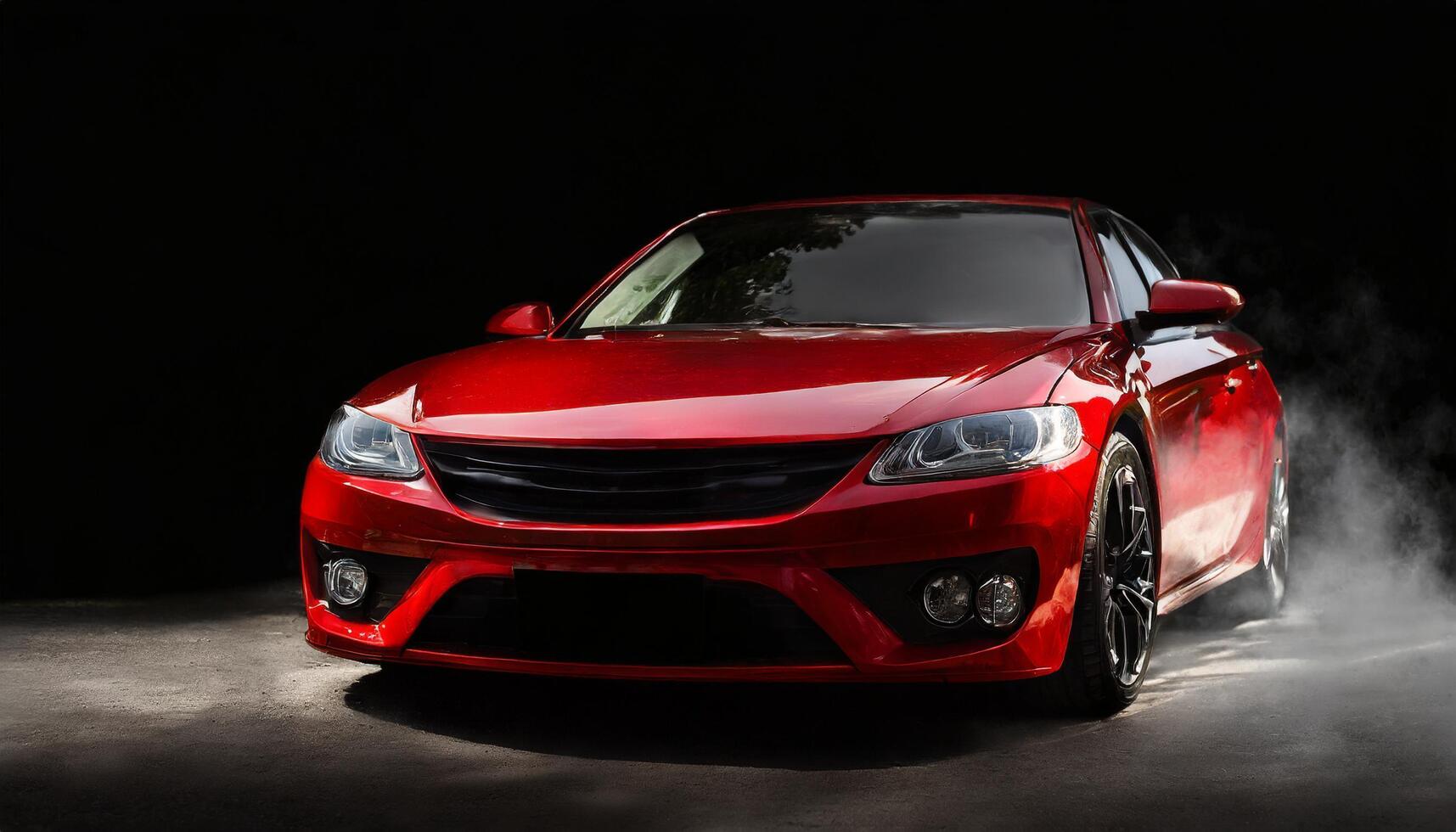 AI generated Side view of a modern luxury red car with smoke on a dark background photo