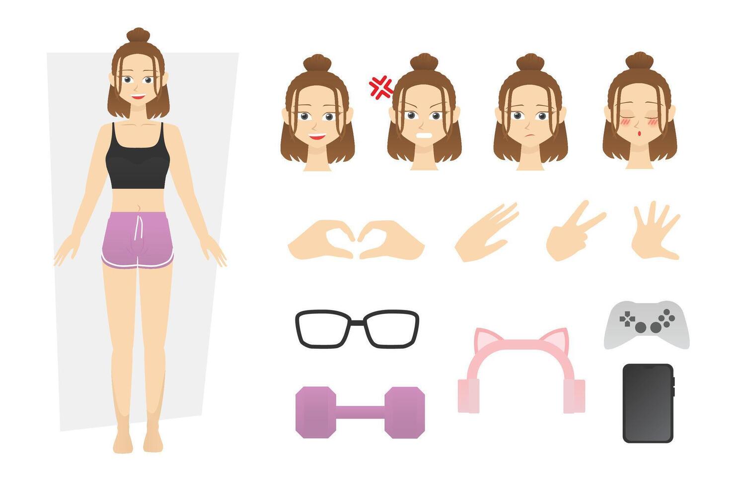 Flat character design vector of young woman or girl wearing sport bra and hot pants with alternate various face expression angry, sad and love with finger hand pose and many accessories