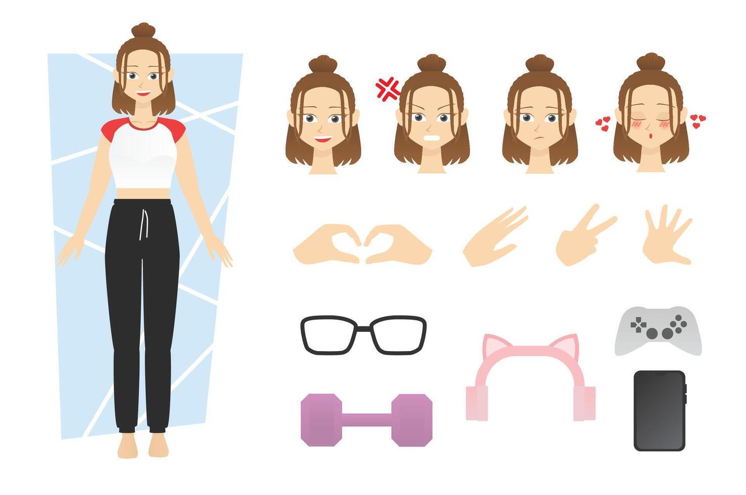 Flat character design vector of young woman or girl wearing crop top and mini skirt with alternate various face expression angry, sad and love with finger hand pose and many accessories