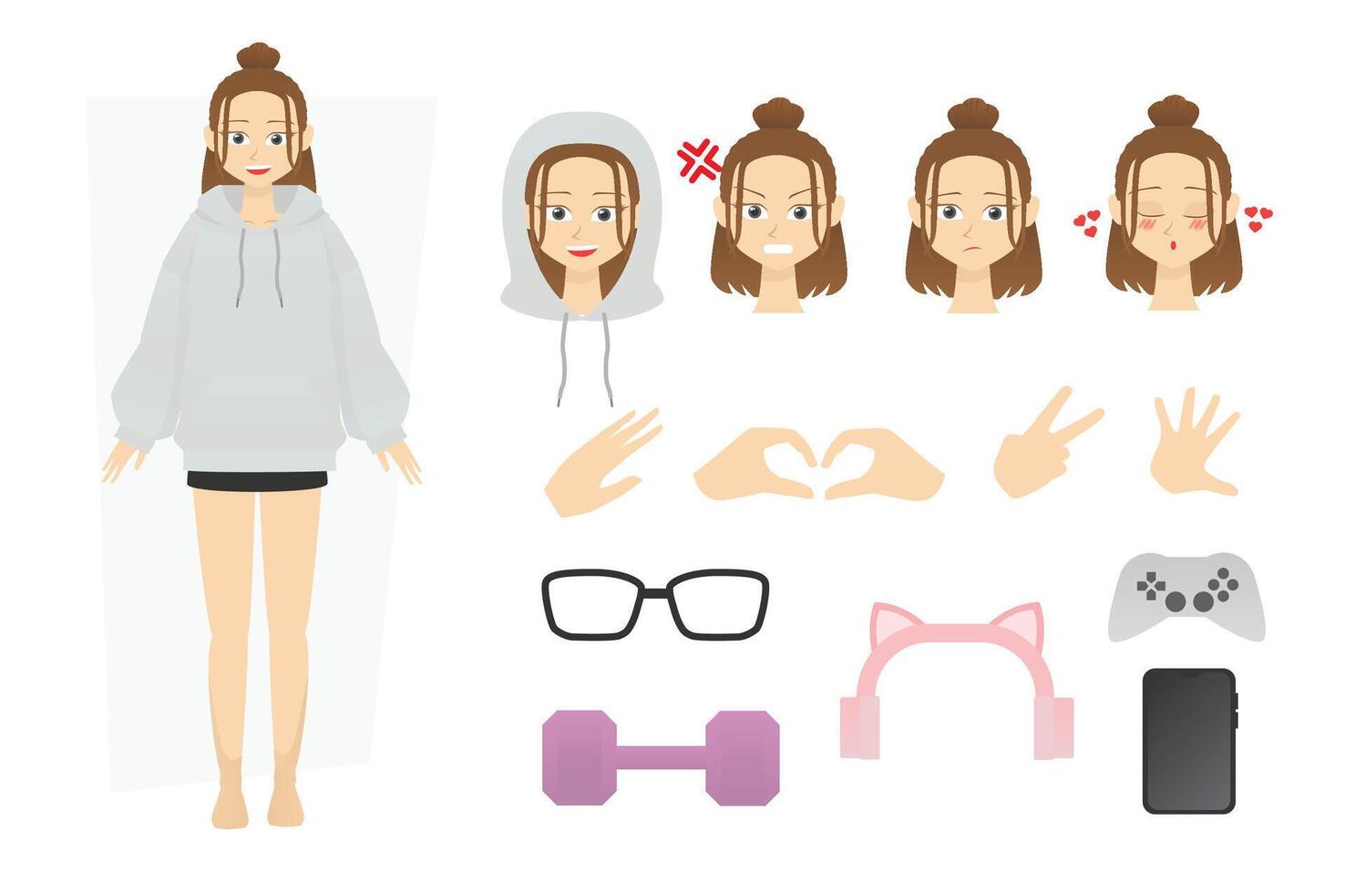 Flat character design vector of young woman or girl wearing oversize hoodie and mini skirt with alternate various face expression angry, sad and love with finger hand pose and many accessories