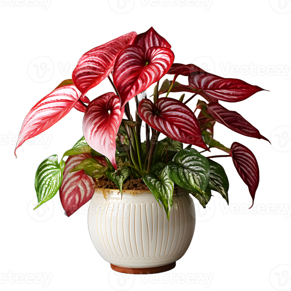 AI generated Exotic Red and Green Caladium Plant in Pot Isolated on Transparent Bacground. Caladium Leaves. Generative Ai png