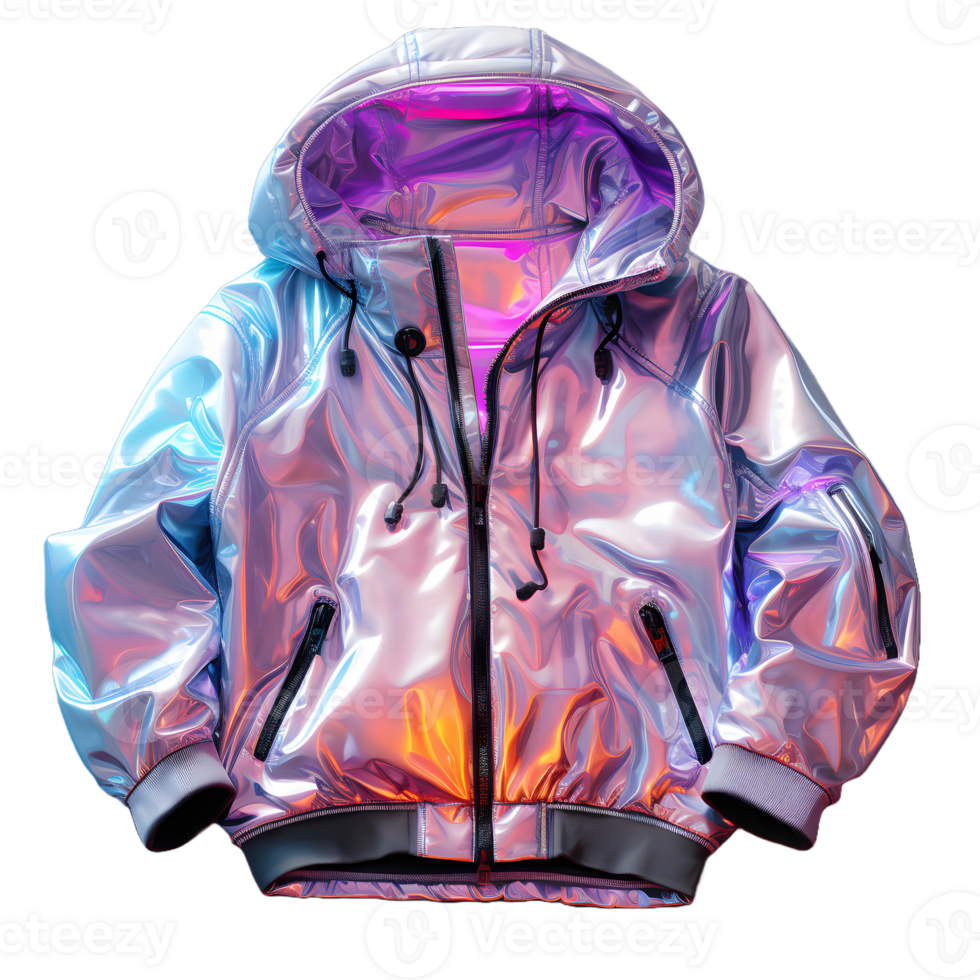 ai gerado colorida holográfico cromada jaqueta. iridescente metálico moletom com capuz isolado em transparente fundo. generativo ai png