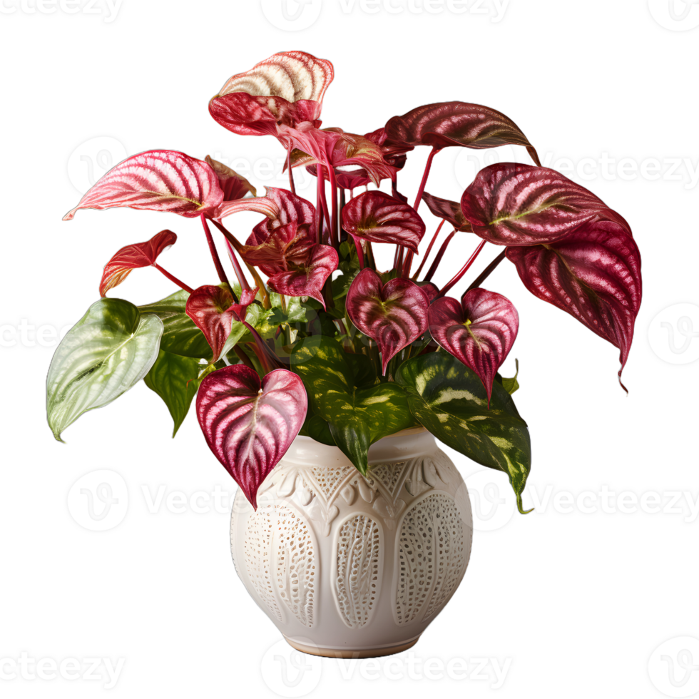 AI generated Exotic Red and Green Caladium Plant in Pot Isolated on Transparent Bacground. Caladium Leaves. Generative Ai png