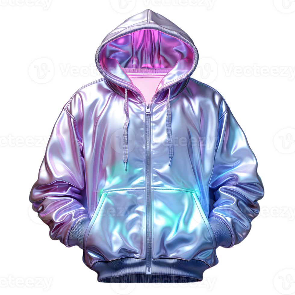 ai generiert bunt holographisch Chrom Kapuzenpullover. psychedelisch irisierend metallisch Jacke isoliert auf transparent Hintergrund. generativ ai png