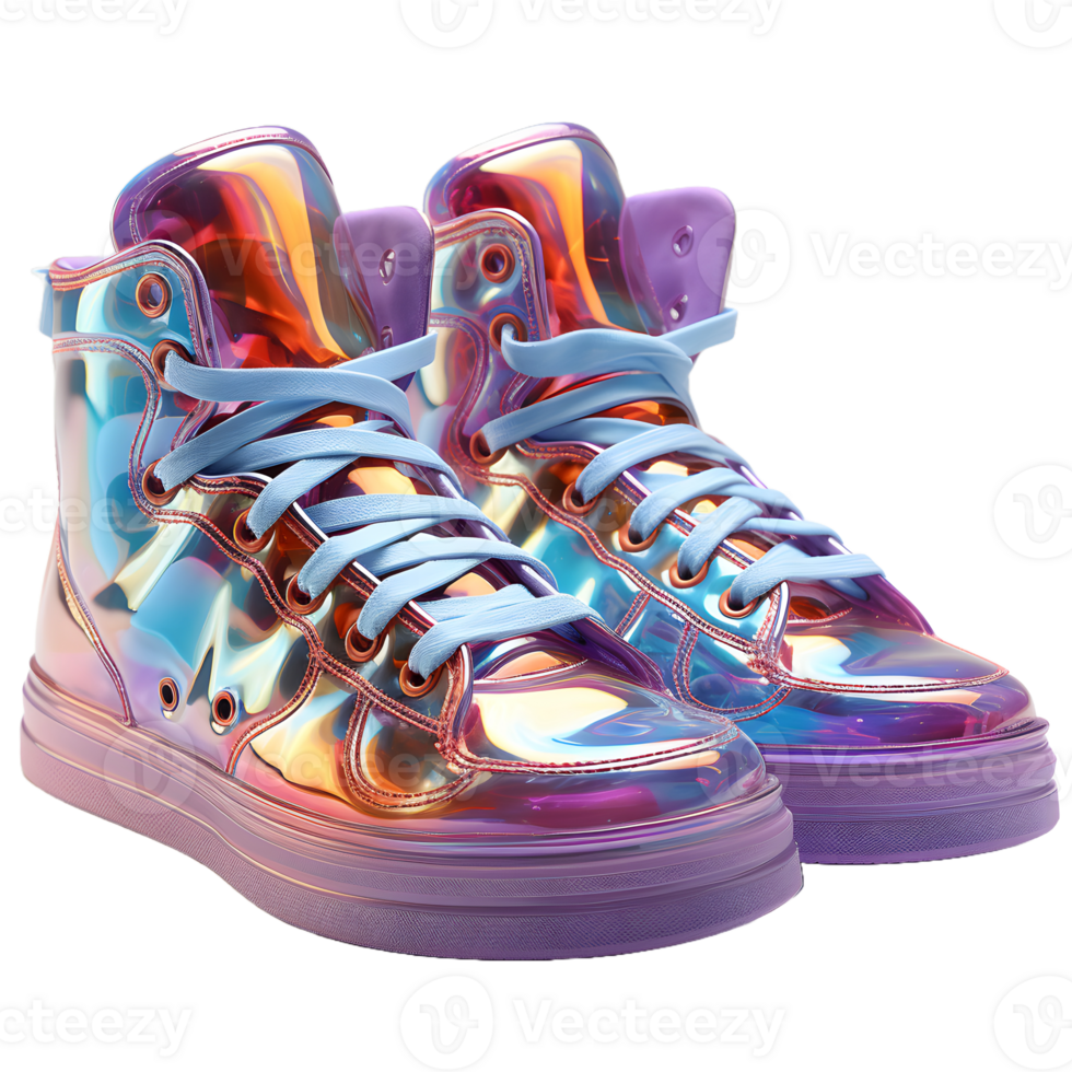 AI generated Futuristic and Colorful Holographic Shoes with Glow Effect. Cool Footwear Isolated on Transparent Background. Generative Ai png