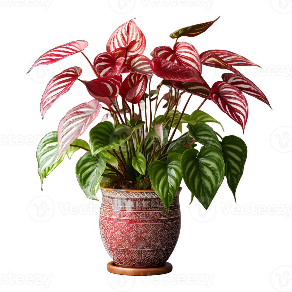 AI generated Exotic Red and Green Caladium Plant in Pot Isolated on Transparent Bacground. Caladium Leaves. Generative Ai png