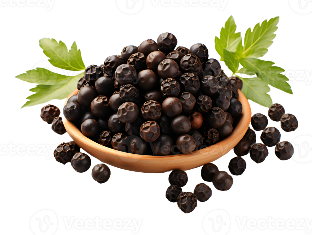 AI generated Black Pepper in Wooden Bowl. Black Peppercorn Isolated on transparent Background. Generative Ai png
