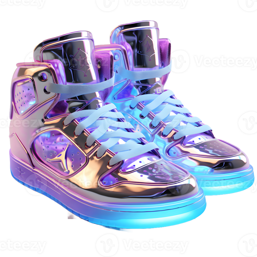 AI generated Futuristic and Colorful Holographic Shoes with Glow Effect. Cool Footwear Isolated on Transparent Background. Generative Ai png