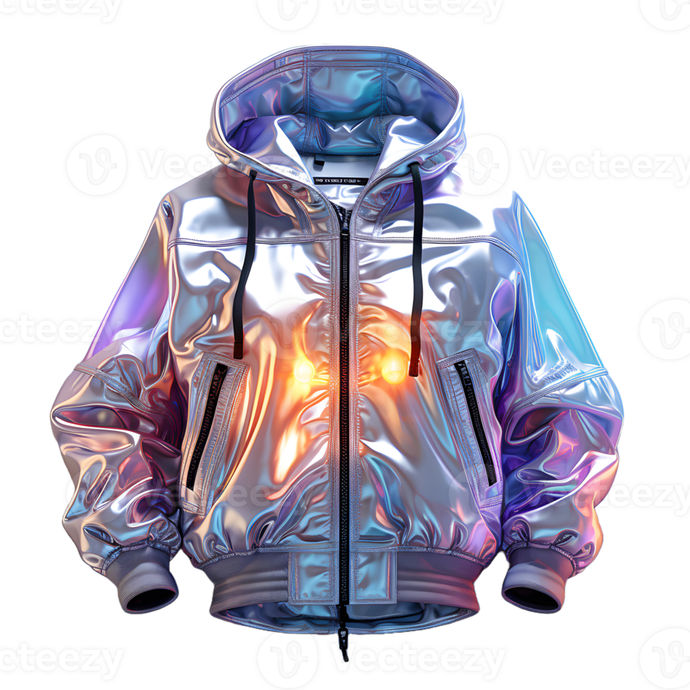 ai généré coloré holographique chrome veste. iridescent métallique sweat à capuche isolé sur transparent Contexte. génératif ai png