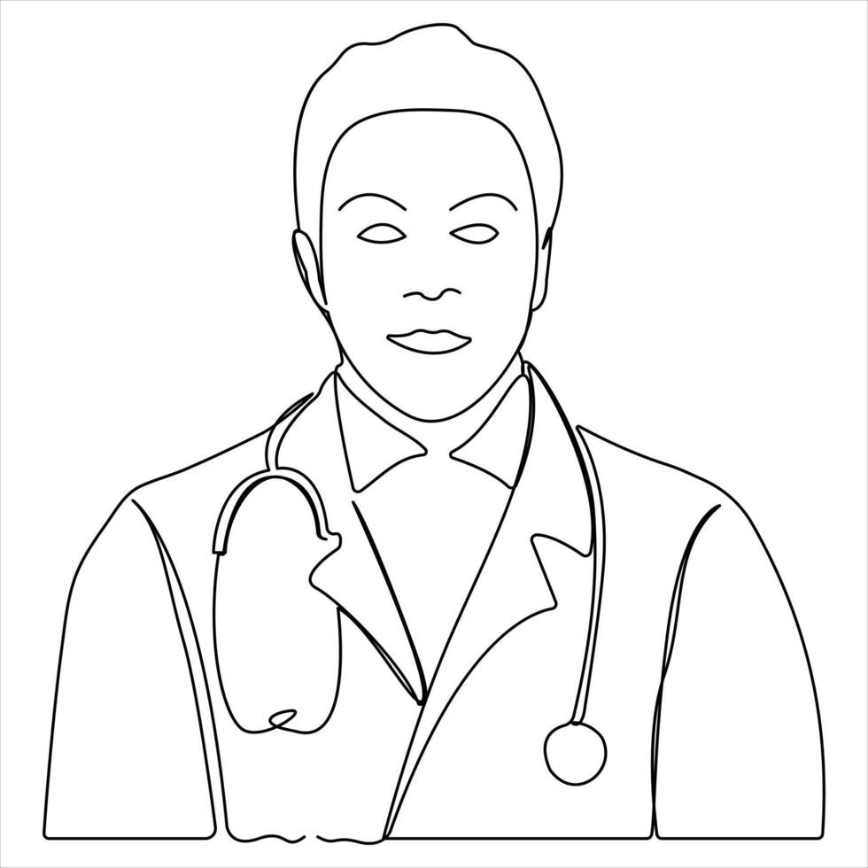 continuo soltero línea dibujo de joven masculino médico con estetoscopio vector ilustración