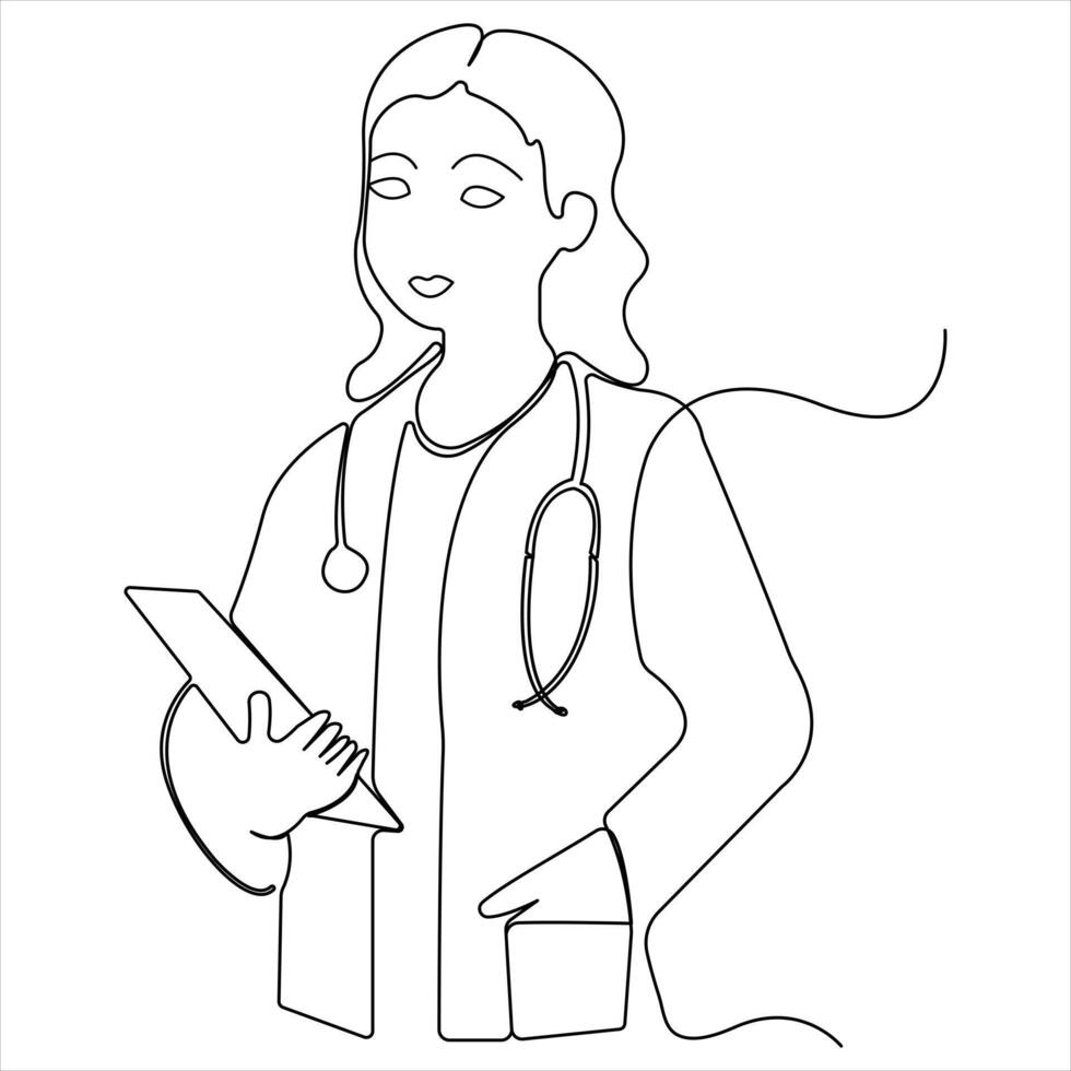 continuo soltero línea dibujo de joven hembra médico con estetoscopio vector ilustración