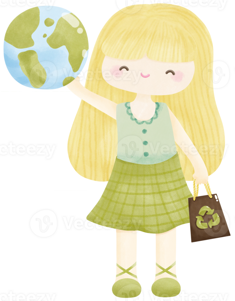 Girl holding Earth and recycle paper bag png