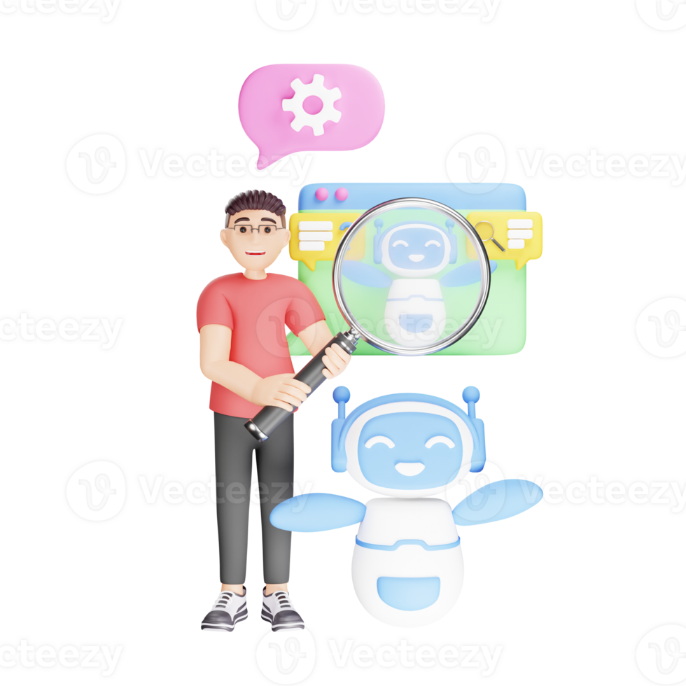 Man Searching Information from AI Bot - 3D Character Illustration png