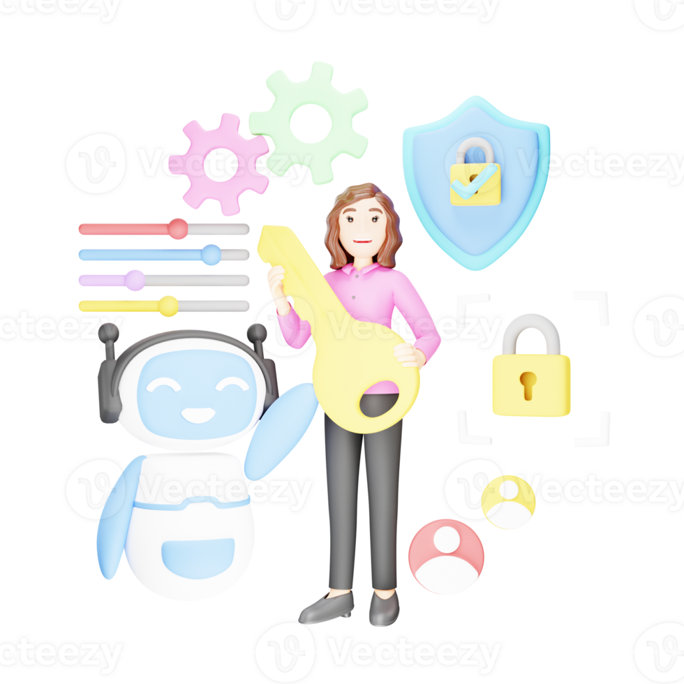 Girl Using AI Security Feature in 3D Character Illustration png
