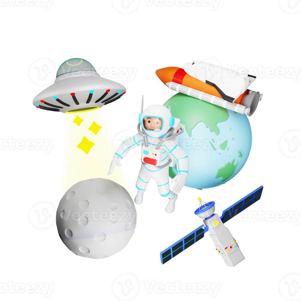 3D Illustration of Character with UFO Spaceship png
