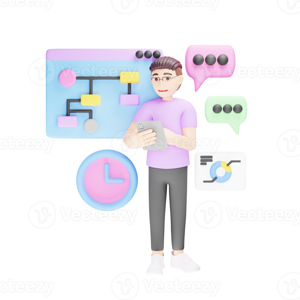 arbete strömma - 3d karaktär illustration för produktivitet och organisation i de arbetsplats png