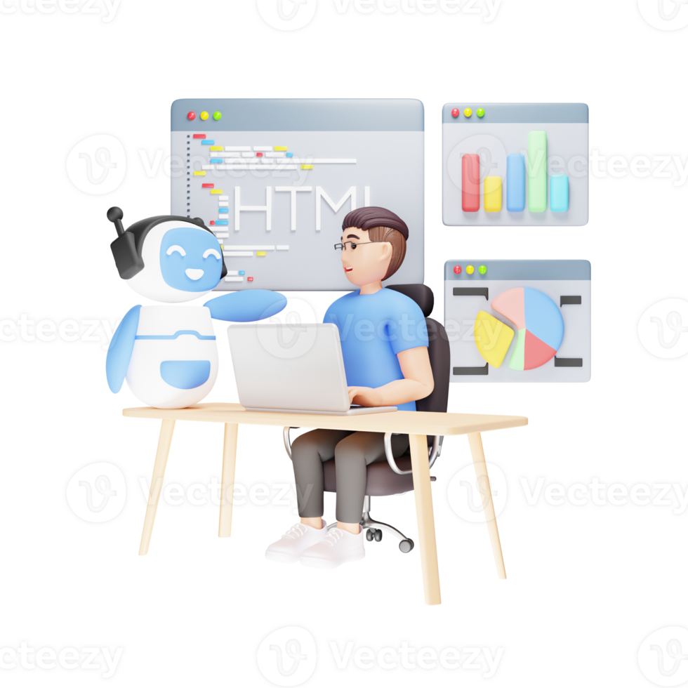 Ai Robot Helping Person to do Coding - 3D Character Illustration png